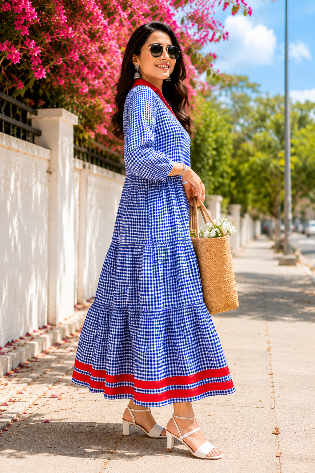 Blue Gingham Tiered Maxi Dress with Red Contrast Collar