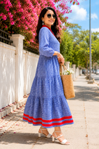 Blue Gingham Tiered Maxi Dress with Red Contrast Collar