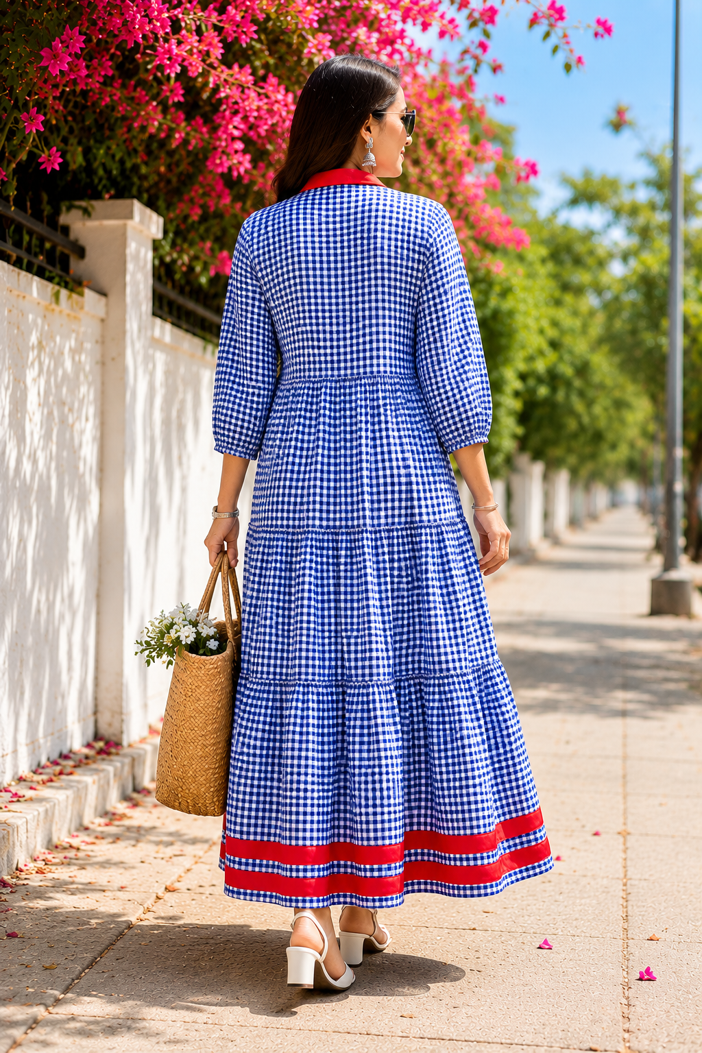 Blue Gingham Tiered Maxi Dress with Red Contrast Collar