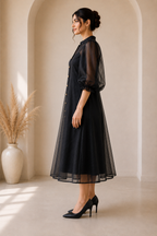 Diamanté Luxury Edition – Black Organza Elegance Midi Dress