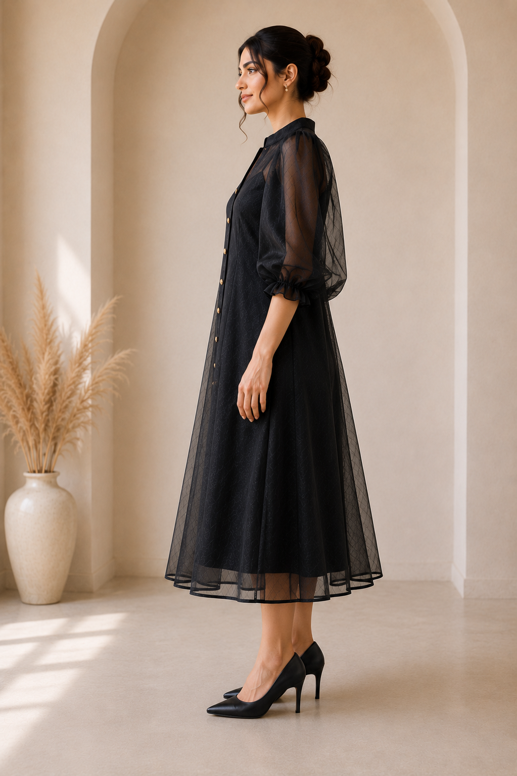 Diamanté Luxury Edition – Black Organza Elegance Midi Dress