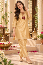 Golden premium Satin Kurta Set with Maroon Tassel Detailing