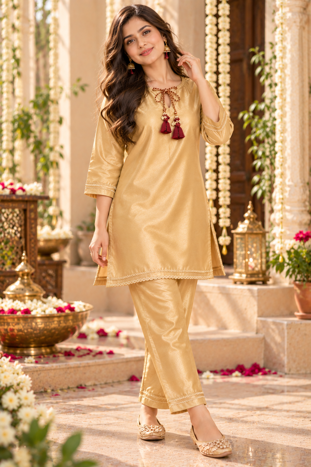 Golden premium Satin Kurta Set with Maroon Tassel Detailing