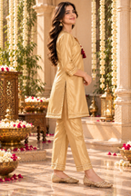 Golden premium Satin Kurta Set with Maroon Tassel Detailing