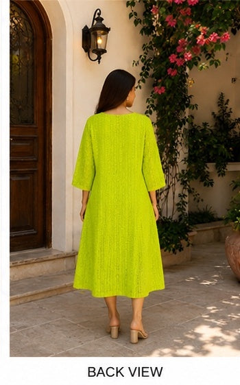 Neon Lime Green Cotton Eyelet Midi Dress