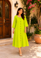 Neon Lime Green Cotton Eyelet Midi Dress