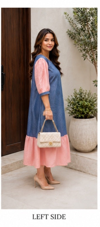 Denim Blue & Blush Pink Midi Dress