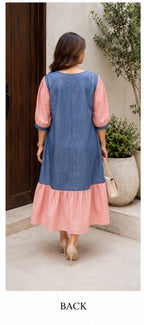 Denim Blue & Blush Pink Midi Dress