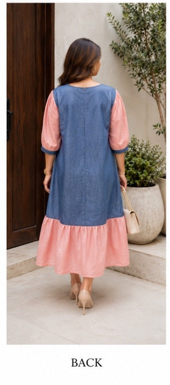 Denim Blue & Blush Pink Midi Dress