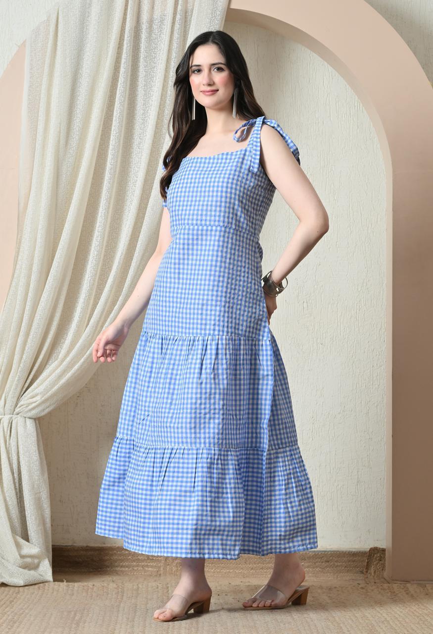 Blue Gingham Tie-Shoulder Tiered Maxi Dress